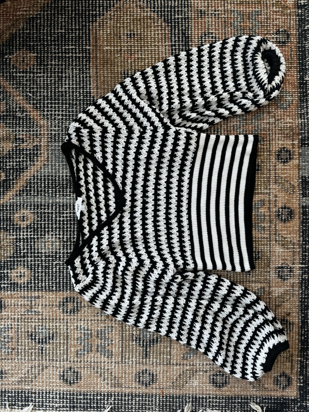 Cropped Black and White Striped V-Neck Women's Sweater